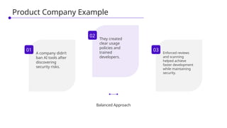 A company didn’t
ban AI tools after
discovering
security risks.
They created
clear usage
policies and
trained
developers.
Enforced reviews
and scanning
helped achieve
faster development
while maintaining
security.
Balanced Approach
01
02
03
Product Company Example
 