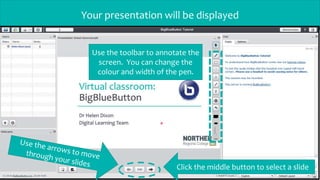 Your presentation will be displayed
Use the toolbar to annotate the
screen. You can change the
colour and width of the pen.
Click the middle button to select a slide
 