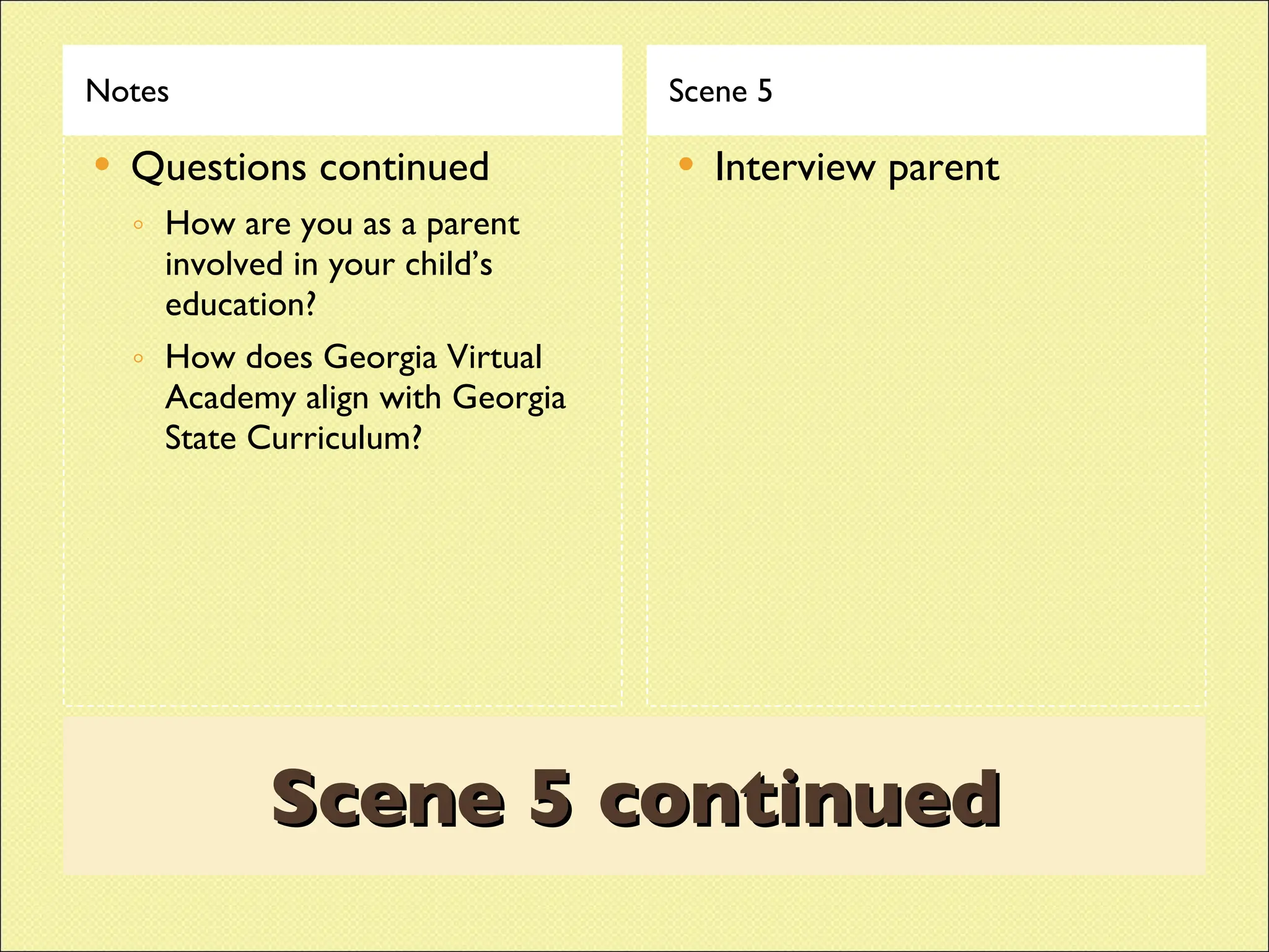 Scene 5 continued Notes Scene 5 Questions continued How are you as a parent involved in your child’s education? How does Georgia Virtual Academy align with Georgia State Curriculum? Interview parent  