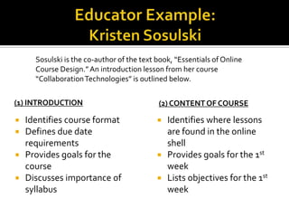 Sosulski is the co-author of the text book, “Essentials of Online
      Course Design.” An introduction lesson from her course
      “Collaboration Technologies” is outlined below.

(1) INTRODUCTION                            (2) CONTENT OF COURSE

   Identifies course format                   Identifies where lessons
   Defines due date                            are found in the online
    requirements                                shell
   Provides goals for the                     Provides goals for the 1st
    course                                      week
   Discusses importance of                    Lists objectives for the 1st
    syllabus                                    week
 