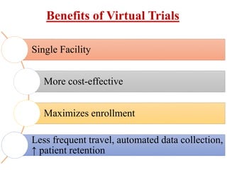 Benefits of Virtual Trials
Single Facility
More cost-effective
Maximizes enrollment
Less frequent travel, automated data collection,
↑ patient retention
 