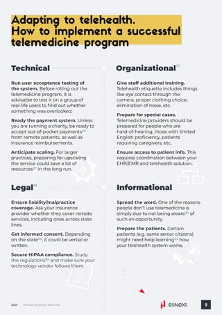 Virtual clinics in the USA
2021 9
Adapting to telehealth. 

How to implement a successful
telemedicine program
Technical
Run user acceptance testing of
the system. Before rolling out the
telemedicine program, it is
advisable to test it on a group of
real-life users to find out whether
something was overlooked.
Ready the payment system. Unless
you are running a charity, be ready to
accept out-of-pocket payments
from remote patients, as well as
insurance reimbursements.
26
Anticipate scaling. For larger
practices, preparing for upscaling
the service could save a lot of
resources in the long run.
27
Organizational31
Give staff additional training.
Telehealth etiquette includes things
like eye contact through the
camera, proper clothing choice,
elimination of noise, etc.
Prepare for special cases.
Telemedicine providers should be
prepared for people who are
hard-of-hearing, those with limited
English proficiency, patients
requiring caregivers, etc.
Informational
Spread the word. One of the reasons
people don’t use telemedicine is
simply due to not being aware of
such an opportunity.
32
Prepare the patients. Certain
patients (e.g. some senior citizens)
might need help learning how
your telehealth system works.
33
Legal28
Ensure liability/malpractice
coverage. Ask your insurance
provider whether they cover remote
services, including ones across state
lines.
Get informed consent. Depending
on the state , it could be verbal or
written.
29
Secure HIPAA compliance. Study
the regulations and make sure your
technology vendor follows them.
30
Ensure access to patient info. This
requires coordination between your
EHR/EMR and telehealth solution.
 