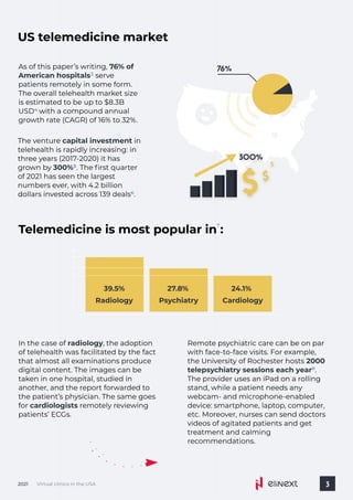 Virtual clinics in the USA
2021 3
The venture in
telehealth is rapidly increasing: in
three years (2017-2020) it has
grown by . The first quarter
of 2021 has seen the largest
numbers ever, with 4.2 billion
dollars invested across 139 deals .
capital investment
300%5
6
US telemedicine market
As of this paper’s writing,
serve
patients remotely in some form.
The overall telehealth market size
is estimated to be up to $8.3B
USD with a compound annual
growth rate (CAGR) of 16% to 32%.
76% of
American hospitals3
4
Telemedicine is most popular in :
7
Radiology Psychiatry Cardiology
39.5% 27.8% 24.1%
In the case of , the adoption
of telehealth was facilitated by the fact
that almost all examinations produce
digital content. The images can be
taken in one hospital, studied in
another, and the report forwarded to
the patient’s physician. The same goes
for remotely reviewing
patients’ ECGs.
radiology
cardiologists
Remote psychiatric care can be on par
with face-to-face visits. For example,
the University of Rochester hosts
.
The provider uses an iPad on a rolling
stand, while a patient needs any
webcam- and microphone-enabled
device: smartphone, laptop, computer,
etc. Moreover, nurses can send doctors
videos of agitated patients and get
treatment and calming
recommendations.
2000
telepsychiatry sessions each year8
300%
$$
$
300%
$$
$
76%
 