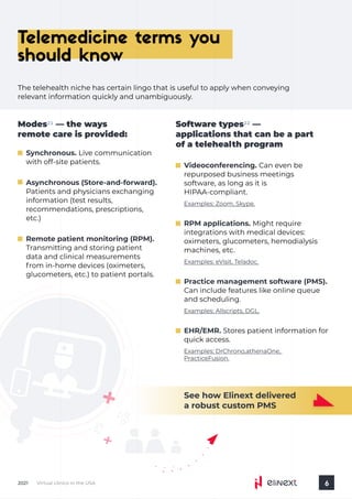 SeehowElinextdelivered
arobustcustomPMS
VirtualclinicsintheUSA
2021 6
Telemedicine terms you
should know
Thetelehealthnichehascertainlingothatisusefultoapplywhenconveying
relevantinformationquicklyandunambiguously.
Modes — the ways
remote care is provided:
21 Software types —
applications that can be a part
of a telehealth program
22
EHR/EMR.Storespatientinformationfor
quickaccess.
Synchronous.Livecommunication
withoff-sitepatients.
Asynchronous(Store-and-forward).
Patientsandphysiciansexchanging
information(testresults,
recommendations,prescriptions,
etc.)
Remotepatientmonitoring(RPM).
Transmittingandstoringpatient
dataandclinicalmeasurements
fromin-homedevices(oximeters,
glucometers,etc.)topatientportals.
Videoconferencing.Canevenbe
repurposedbusinessmeetings
software,aslongasitis
HIPAA-compliant.
RPMapplications.Mightrequire
integrationswithmedicaldevices:
oximeters,glucometers,hemodialysis
machines,etc.
Practicemanagementsoftware(PMS).
Canincludefeatureslikeonlinequeue
andscheduling.
Examples: Zoom,Skype.
Examples: eVisit,Teladoc.
Examples: Allscripts,DGL.
Examples: DrChrono,athenaOne, 

PracticeFusion.
 