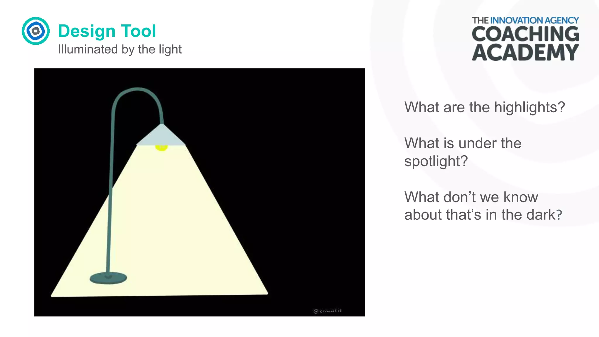 Design Tool
Illuminated by the light
What are the highlights?
What is under the
spotlight?
What don’t we know
about that’s in the dark?
 
