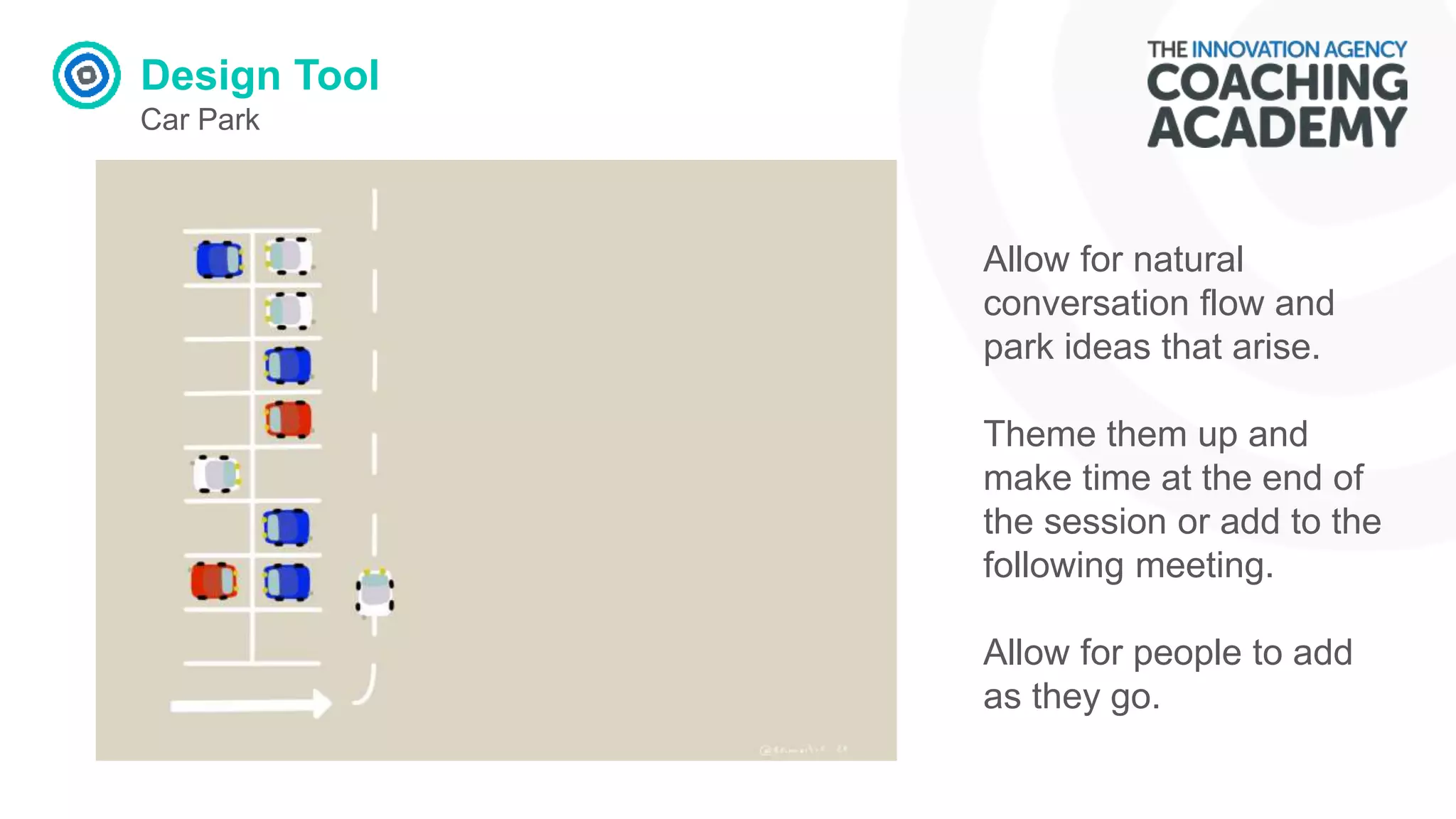 Design Tool
Car Park
Allow for natural
conversation flow and
park ideas that arise.
Theme them up and
make time at the end of
the session or add to the
following meeting.
Allow for people to add
as they go.
 