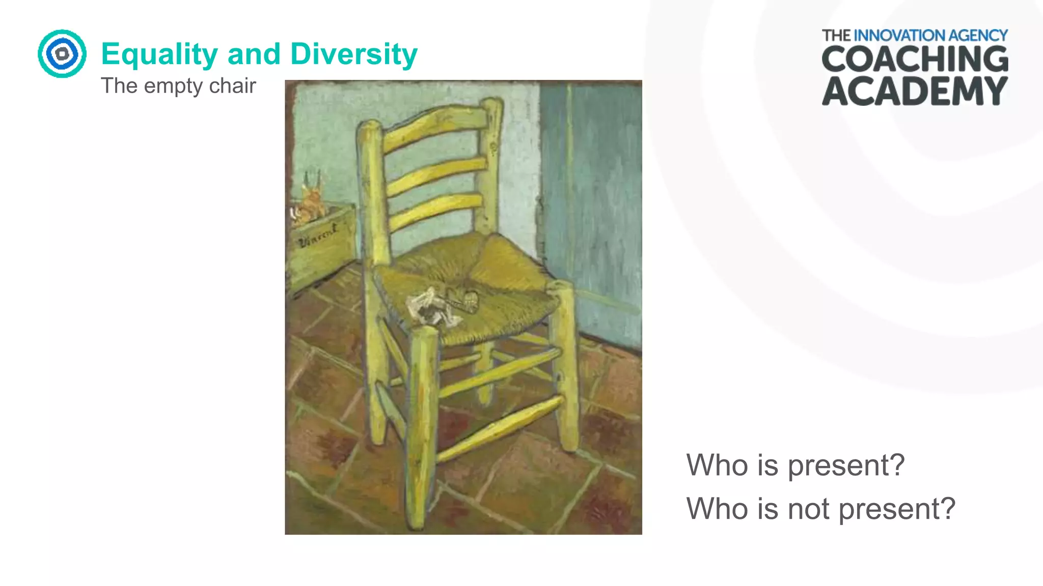Equality and Diversity
The empty chair
Who is present?
Who is not present?
 