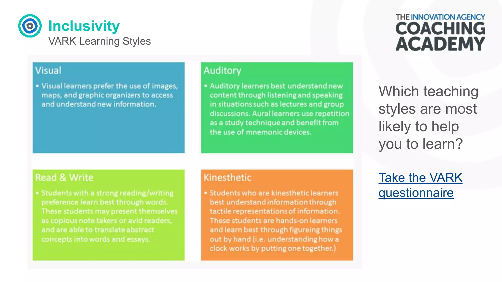 Inclusivity
VARK Learning Styles
Which teaching
styles are most
likely to help
you to learn?
Take the VARK
questionnaire
 