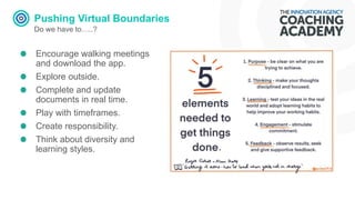 Pushing Virtual Boundaries
Do we have to…..?
Encourage walking meetings
and download the app.
Explore outside.
Complete and update
documents in real time.
Play with timeframes.
Create responsibility.
Think about diversity and
learning styles.
 