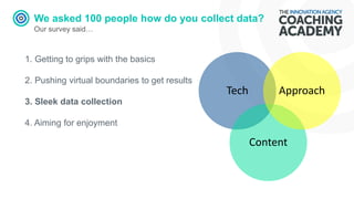 We asked 100 people how do you collect data?
Our survey said…
1. Getting to grips with the basics
2. Pushing virtual boundaries to get results
3. Sleek data collection
4. Aiming for enjoyment
Tech
Content
Approach
 