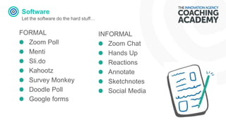 Software
Let the software do the hard stuff…
FORMAL
Zoom Poll
Menti
Sli.do
Kahootz
Survey Monkey
Doodle Poll
Google forms
INFORMAL
Zoom Chat
Hands Up
Reactions
Annotate
Sketchnotes
Social Media
 