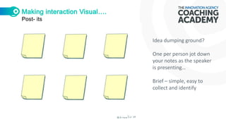 Post- its
Idea dumping ground?
One per person jot down
your notes as the speaker
is presenting…
Brief – simple, easy to
collect and identify
 