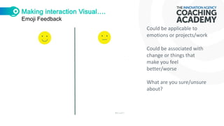 Emoji Feedback
Could be applicable to
emotions or projects/work
Could be associated with
change or things that
make you feel
better/worse
What are you sure/unsure
about?
 
