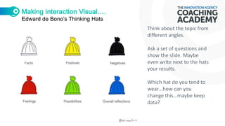 Edward de Bono’s Thinking Hats
Think about the topic from
different angles.
Ask a set of questions and
show the slide. Maybe
even write next to the hats
your results.
Which hat do you tend to
wear…how can you
change this…maybe keep
data?
 