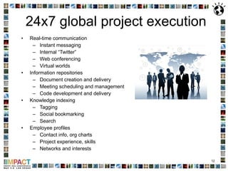 24x7 global project execution Real-time communication Instant messaging Internal “Twitter” Web conferencing Virtual worlds  Information repositories Document creation and delivery Meeting scheduling and management Code development and delivery  Knowledge indexing Tagging Social bookmarking Search Employee profiles Contact info, org charts Project experience, skills Networks and interests 