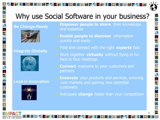 Why   use Social Software in your business? Empower people to share their knowledge  and expertise Enable people to discover information  quickly and easily Find and connect with the right  experts fast Work together  virtually without flying in for  face to face meetings Connect everyone to your customers and  partners Innovate your products and services, entering  new markets and gaining new potential  customers Anticipate  change faster than your competition Be Change-Ready Integrate Globally Lead in Innovation  