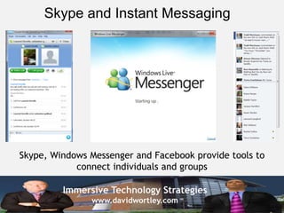 Skype and Instant Messaging




Skype, Windows Messenger and Facebook provide tools to
            connect individuals and groups

         Immersive Technology Strategies
               www.davidwortley.com
 