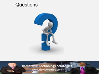 Questions




  Immersive Technology Strategies
        www.davidwortley.com
 