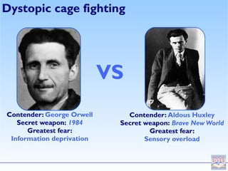 Dystopic cage fighting




                           VS
Contender: George Orwell      Contender: Aldous Huxley
   Secret weapon: 1984      Secret weapon: Brave New World
      Greatest fear:                Greatest fear:
 Information deprivation           Sensory overload
 