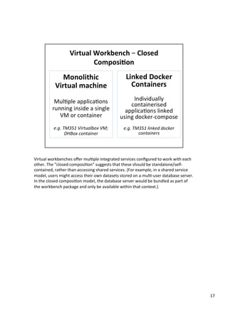 Virtual	workbenches	oﬀer	mul4ple	integrated	services	conﬁgured	to	work	with	each	
other.	The	“closed	composi4on”	suggests	that	these	should	be	standalone/self-
contained,	rather	than	accessing	shared	services.	(For	example,	in	a	shared	service	
model,	users	might	access	their	own	datasets	stored	on	a	mul4-user	database	server.	
In	the	closed	composi4on	model,	the	database	server	would	be	bundled	as	part	of	
the	workbench	package	and	only	be	available	within	that	context.)	
17	
 