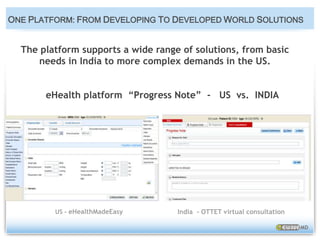 ONE PLATFORM: FROM DEVELOPING TO DEVELOPED WORLD SOLUTIONS The platform supports a wide range of solutions, from basic needs in India to more complex demands in the US.eHealth platform  “Progress Note”  -   US  vs.  INDIAUS - eHealthMadeEasyIndia  - OTTET virtual consultation