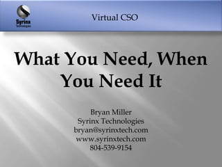 Virtual CSO




What You Need, When
    You Need It
          Bryan Miller
      Syrinx Technologies
     bryan@syrinxtech.com
      www.syrinxtech.com
          804-539-9154
 