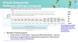 © Hitachi Data Systems Corporation 2014. All rights reserved. 15
Virtual Datacenter
Software defined Compute
• HDS ist Gold
Sponsor der
OpenStack
Foundation
• OpenStack
commitment:
http://blogs.hds.com/hdsbl
og/2013/08/hitachi-data-
systems-now-a-sponsor-of-
the-openstack-
community.html
• Aktueller Produkt Support
• Cinder Driver für HUS (iSCSI - Havana ) & HNAS (iSCSI & NFS – Havana)
• Nova Driver Support (Red Hat OpenStack Compute) für Hitachi Server
https://hardware.redhat.com/RHOS/Hitachi/
 