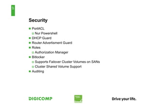 Security
 PortACL
 Nur Powershell
 DHCP Guard
 Router Advertisment Guard
 Roles
 Authorization Manager
 Bitlocker
 Supports Failover Cluster Volumes on SANs
 Cluster Shared Volume Support
 Auditing
17
 