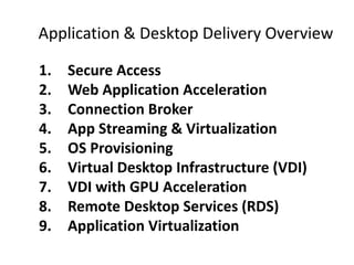 Application & Desktop Delivery Overview Secure Access Web Application Acceleration Connection Broker App Streaming & Virtualization OS Provisioning Virtual Desktop Infrastructure (VDI) VDI with GPU Acceleration Remote Desktop Services (RDS) Application Virtualization 