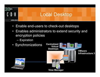 Local Desktop

• Enable end-users to check-out desktops
• Enables administrators to extend security and
  encryption policies
  – Expiration
• Synchronizations   Centralized
                         Virtual
                      Desktops
                                         VMware
                                         Infrastructure 3




                       View Manager
 