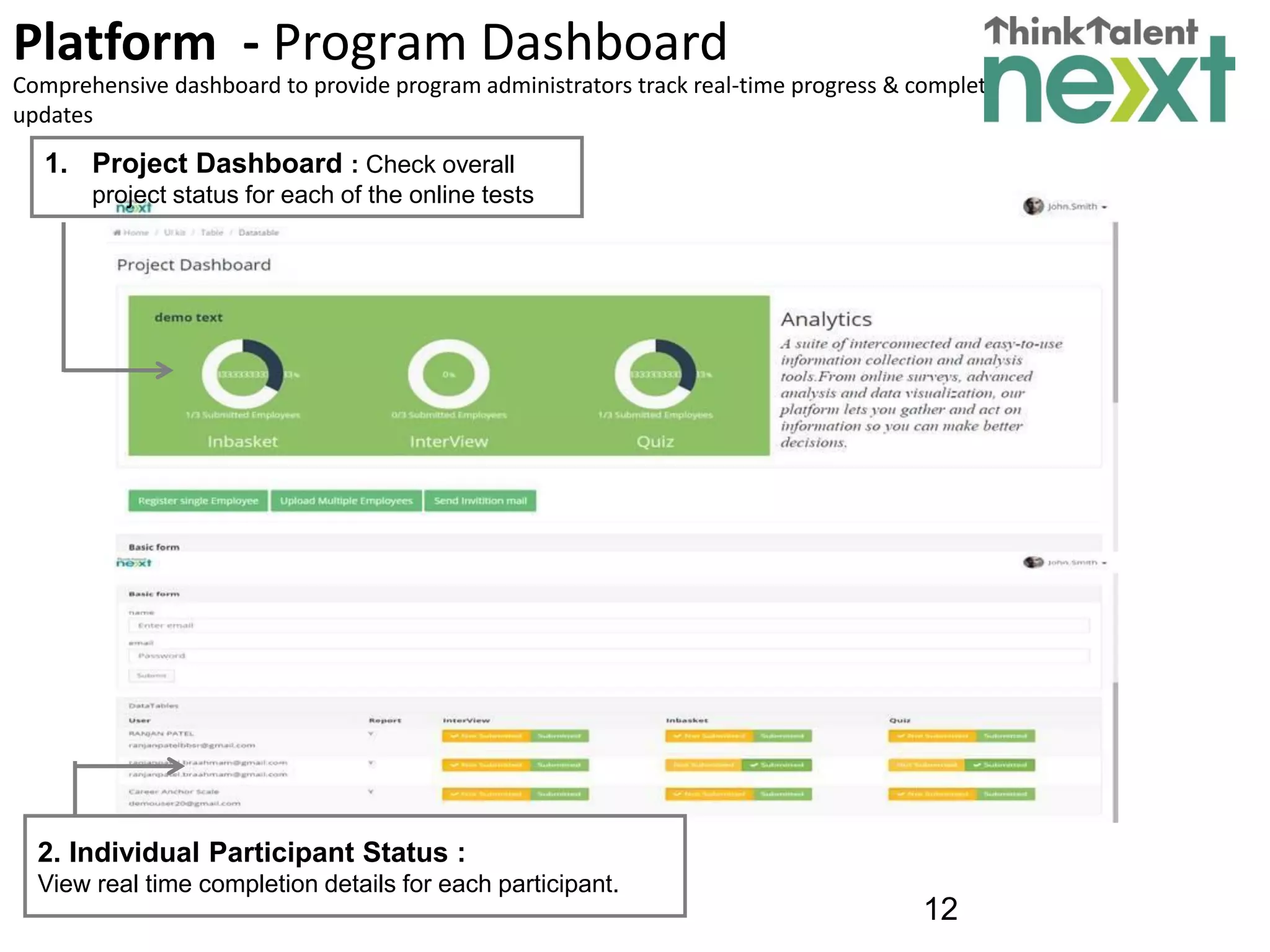 12
Platform - Program Dashboard
1. Project Dashboard : Check overall
project status for each of the online tests
2. Individual Participant Status :
View real time completion details for each participant.
Comprehensive dashboard to provide program administrators track real-time progress & completion
updates
 