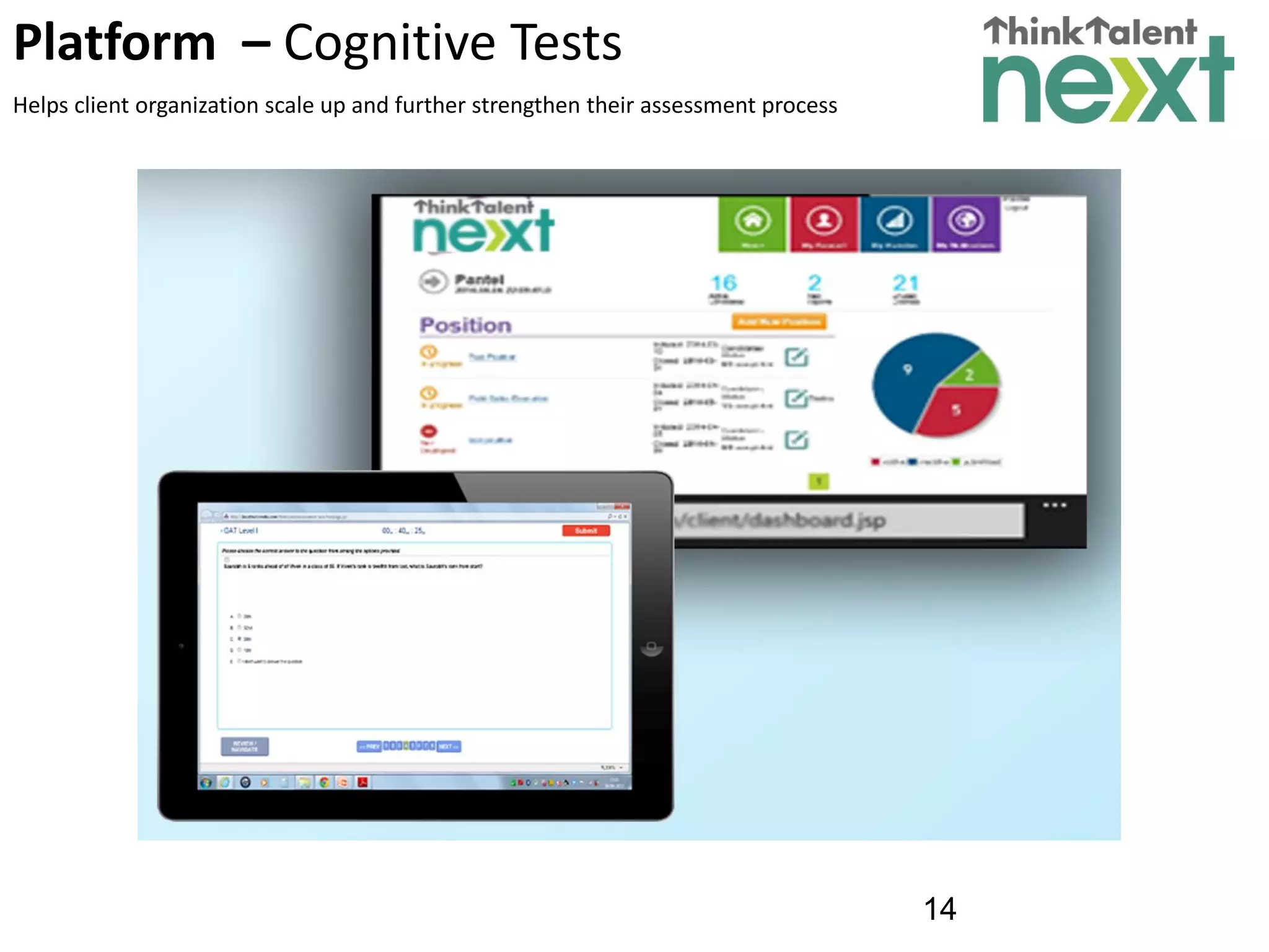 14
Platform – Cognitive Tests
Helps client organization scale up and further strengthen their assessment process
 