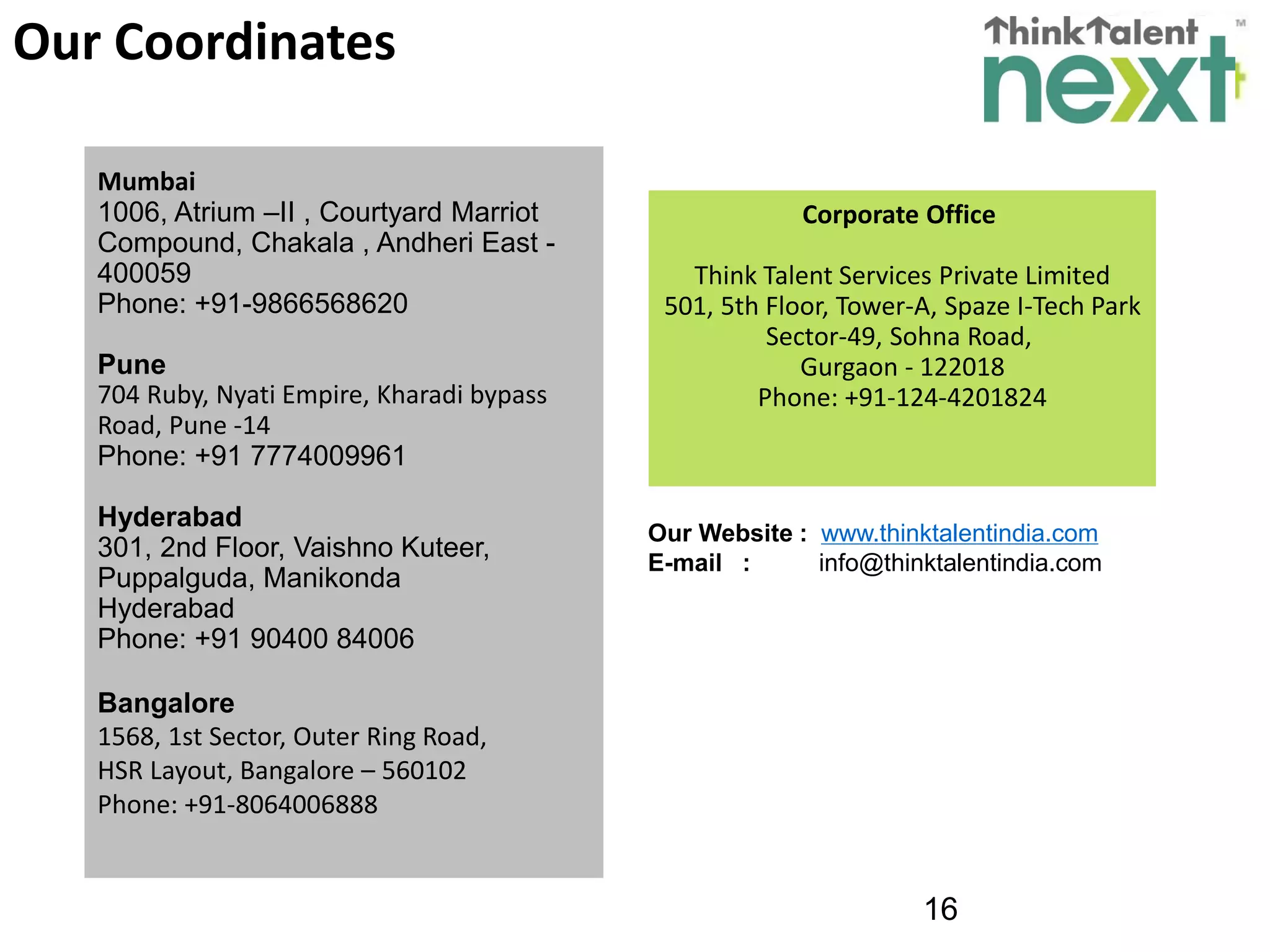 16
Mumbai
1006, Atrium –II , Courtyard Marriot
Compound, Chakala , Andheri East -
400059
Phone: +91-9866568620
Pune
704 Ruby, Nyati Empire, Kharadi bypass
Road, Pune -14
Phone: +91 7774009961
Hyderabad
301, 2nd Floor, Vaishno Kuteer,
Puppalguda, Manikonda
Hyderabad
Phone: +91 90400 84006
Bangalore
1568, 1st Sector, Outer Ring Road,
HSR Layout, Bangalore – 560102
Phone: +91-8064006888
Our Coordinates
Our Website : www.thinktalentindia.com
E-mail : info@thinktalentindia.com
Corporate Office
Think Talent Services Private Limited
501, 5th Floor, Tower-A, Spaze I-Tech Park
Sector-49, Sohna Road,
Gurgaon - 122018
Phone: +91-124-4201824
 