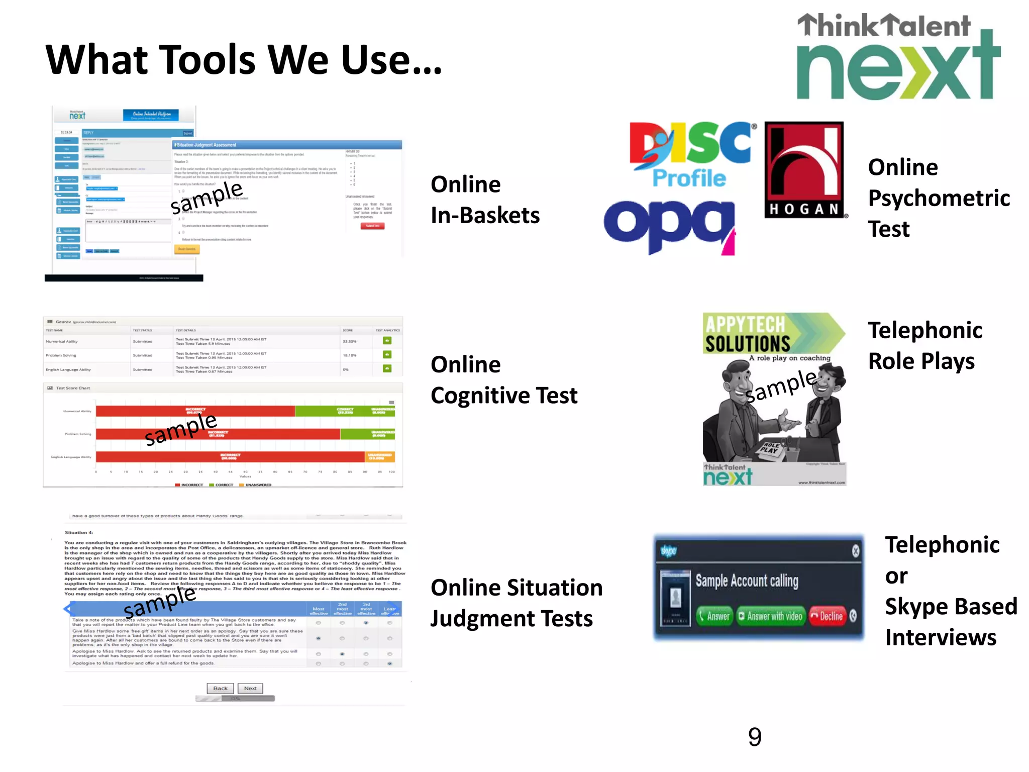 9
What Tools We Use…
Online
In-Baskets
Online
Psychometric
Test
Online
Cognitive Test
Telephonic
Role Plays
Online Situation
Judgment Tests
Telephonic
or
Skype Based
Interviews
 