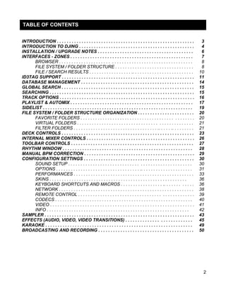 TABLE OF CONTENTS
INTRODUCTION . . . . . . . . . . . . . . . . . . . . . . . . . . . . . . . . . . . . . . . . . . . . . . . . . . . . . . . .
INTRODUCTION TO DJING . . . . . . . . . . . . . . . . . . . . . . . . . . . . . . . . . . . . . . . . . . . . . . .
INSTALLATION / UPGRADE NOTES . . . . . . . . . . . . . . . . . . . . . . . . . . . . . . . . . . . . . . .
INTERFACES - ZONES . . . . . . . . . . . . . . . . . . . . . . . . . . . . . . . . . . . . . . . . . . . . . . . . . .
BROWSER . . . . . . . . . . . . . . . . . . . . . . . . . . . . . . . . . . . . . . . . . . . . . . . . . . . . . .
FILE SYSTEM / FOLDER STRUCTURE . . . . . . . . . . . . . . . . . . . . . . . . . . . . . . . .
FILE / SEARCH RESULTS . . . . . . . . . . . . . . . . . .. . . . . . . . . . . . . . . . . . . . . . . . .
ID3TAG SUPPORT . . . . . . . . . . . . . . . . . . . . . . . . . . . . . . . . . . . . . . . . . . . . . . . . . . . . . .
DATABASE MANAGEMENT . . . . . . . . . . . . . . . . . . . . . . . . . . . . . . . . . . . . . . . . . . . . . .
GLOBAL SEARCH . . . . . . . . . . . . . . . . . . . . . . . . . . . . . . . . . . . . . . . . . . . . . . . . . . . . . .
SEARCHING . . . . . . . . . . . . . . . . . . . . . . . . . . . . . . . . . . . . . . . . . . . . . . . . . . . . . . . . . . .
TRACK OPTIONS . . . . . . . . . . . . . . . . . . . . . . . . . . . . . . . . . . . . . . . . . . . . . . . . . . . . . . .
PLAYLIST & AUTOMIX . . . . . . . . . . . . . . . . . . . . . . . . . . . . . . . . . . . . . . . . . . . . . . . . . .
SIDELIST . . . . . . . . . . . . . . . . . . . . . . . . . . . . . . . . . . . . . . . . . . . . . . . . . . . . . . . . . . . . .
FILE SYSTEM / FOLDER STRUCTURE ORGANIZATION . . . . . . . . . . . . . . . . . . . . . . .
FAVORITE FOLDERS . . . . . . . . . . . . . . . . . . . . . . . . . . . . . . . . . . . . . . . . . . . . . .
VIRTUAL FOLDERS . . . . . . . . . . . . . . . . . . . . . . . . . . . . . . . . . . . . . . . . . . . . . . .
FILTER FOLDERS . . . . . . . . . . . . . . . . . . . . . . . . . . . . . . . . . . .. . . . . .. . . . . . . . .
DECK CONTROLS . . . . . . . . . . . . . . . . . . . . . . . . . . . . . . . . . . . . . . . . . . . . . . . . . . . . . .
INTERNAL MIXER CONTROLS . . . . . . . . . . . . . . . . . . . . . . . . . . . . . . . . . . . . . . . . . . . .
TOOLBAR CONTROLS . . . . . . . . . . . . . . . . . . . . . . . . . . . . . . . . . . . . . . . . . . . . . . . . . .
RHYTHM WINDOW . . . . . . . . . . . . . . . . . . . . . . . . . . . . . . . . . . . . . . . . . . . . . . . . . . . . .
MANUAL BPM CORRECTION . . . . . . . . . . . . . . . . . . . . . . . . . . . . . . . . . . . . . . . . . . . . .
CONFIGURATION SETTINGS . . . . . . . . . . . . . . . . . . . . . . . . . . . . . . . . . . . . . . . . . . . . .
SOUND SETUP . . . . . . . . . . . . . . . . . . . . . . . . . . . . . . . . . . . . . . . . . . . . . . . . . .
OPTIONS . . . . . . . . . . . . . . . . . . . . . . . . . . . . . . . . . . .. . . . . . . . . . . . . . . . . . . . .
PERFORMANCES . . . . . . . . . . . . . . . . . . . . . . . . . . . . . . . . . . . . . . . . . . . . . . . . .
SKINS . . . . . . . . . . . . . . . . . . . . . . . . . . . . . . . . . . . . . . . . . . . . . . . . . . . . . . . .
KEYBOARD SHORTCUTS AND MACROS . . . . . . . . . . . . . . . . . .. . . . . . . . . . . .
NETWORK . . . . . . . . . . . . . . . . . . . . . . . . . . . . . . . . . . . . . . . . . . . . . . . . . . . . . . .
REMOTE CONTROL . . . . . . . . . . . . . . . . . . . . . . . . . . . . . . . . . . . . . . . . . . . . . . .
CODECS . . . . . . . . . . . . . . . . . . . . . . . . . . . . . . . . . . . . . . . . . . . . . . . . . . . . . . . .
VIDEO . . . . . . . . . . . . . . . . . . . . . . . . . . . . . . . . . . . . . . . . . . . . . . . . . . . . . . . . . .
INFO . . . . . . . . . . . . . . . . . . . . . . . . . . . . . . . . . . . . . . . . . . . . . . . . . . . . . . . . . .
SAMPLER . . . . . . . . . . . . . . . . . . . . . . . . . . . . . . . . . . . . . . . . . . . . . . . . . . . . . . . . . . . . .
EFFECTS (AUDIO, VIDEO, VIDEO TRANSITIONS) . . . . . . . . . . . . . . . . . . . . . . . . . . .
KARAOKE . . . . . . . . . . . . . . . . . . . . . . . . . . . . . . . . . . . . . . . . . . . . . . . . . . . . . . . . . . . .
BROADCASTING AND RECORDING . . . . . . . . . . . . . . . . . . . . . . . . . . . . . . . . . . . . . . .
3
4
6
7
8
8
10
11
14
15
15
16
17
19
20
20
21
21
23
26
27
28
29
30
30
31
33
36
36
38
39
40
41
42
43
45
49
50
2
 