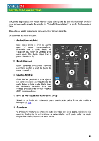 CONTROLES DO MIXER INTERNO
INTERNO

Virtual DJ disponibiliza um mixer interno seção como parte do skin InternalMixer. O mixer
pode ser acessado através da seleção do "VirtualDJ:InternalMixer" na seção Configuração >
Skin.
Ele pode ser usado exatamente como um mixer comum para DJ.
Os controles do mixer incluem:
1. Ganho (Channel Gain)
Este botão ajusta o nível de ganho
para
o
canal
correspondente.
(Clicando com o botão direito irá
equiparar seu valor ao utilizado pelo
outro deck. Um duplo clique traz o
ganho de volta a 0).
2. Canal (Channel)
Estes controles deslizantes verticais
permitem ajustar o sinal de áudio do
canal pretendido.
3. Equalizador (EQ)
Estes botões permitem a você ajustar
no canal desejado as freqüências de
áudio baixa, média e alta. Cada faixa
de freqüência também pode ser
cortada pressionando o botão “Fechar
(Kill)” correspondente.
4. Nível da Pré-escuta (Pré-Fader Level [PFL])
Seleciona o áudio da pré-escuta para monitoração pelos fones de ouvido e
definição do cue
cue.
5. Crossfader
O crossfader mistura os sinais de áudio ou vídeo dos dois decks. Movendo este
controle deslizante de extremidade a extremidade, você pode isolar os decks
esquerdo e direito, ou misturar seus sinais.

27

 