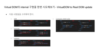 Virtual DOM의 internal 구현을 한번 시도해보기 - VirtualDOM to Real DOM update
● 다음 사항들을 고려해야 한다.
○ add
○ remove
○ replace
○ compare child node
 