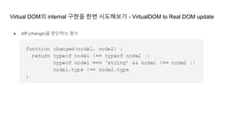 Virtual DOM의 internal 구현을 한번 시도해보기 - VirtualDOM to Real DOM update
● diff (change)을 판단하는 함수
 