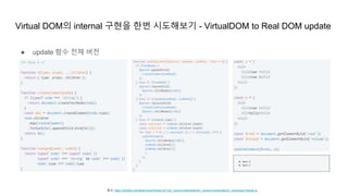 Virtual DOM의 internal 구현을 한번 시도해보기 - VirtualDOM to Real DOM update
● update 함수 전체 버전
참고: https://jsfiddle.net/deathmood/0htedLra/?utm_source=website&utm_medium=embed&utm_campaign=0htedLra
 