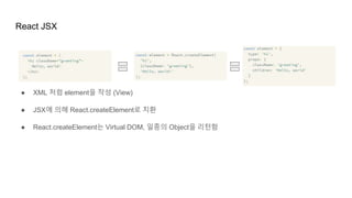 React JSX
● XML 처럼 element을 작성 (View)
● JSX에 의해 React.createElement로 치환
● React.createElement는 Virtual DOM, 일종의 Object을 리턴함
 