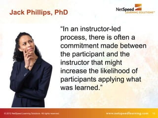 Jack Phillips, PhD

                                                           ―In an instructor-led
                                                           process, there is often a
                                                           commitment made between
                                                           the participant and the
                                                           instructor that might
                                                           increase the likelihood of
                                                           participants applying what
                                                           was learned.‖


© 2012 NetSpeed Learning Solutions. All rights reserved.                                14
 