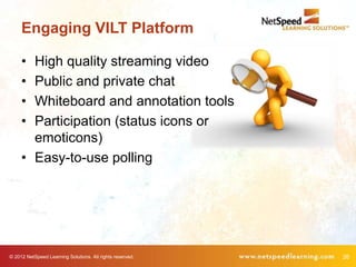 Engaging VILT Platform

     • High quality streaming video
     • Public and private chat
     • Whiteboard and annotation tools
     • Participation (status icons or
       emoticons)
     • Easy-to-use polling




© 2012 NetSpeed Learning Solutions. All rights reserved.   26
 