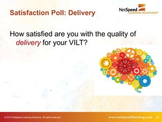 Satisfaction Poll: Delivery


     How satisfied are you with the quality of
      delivery for your VILT?




© 2012 NetSpeed Learning Solutions. All rights reserved.   29
 