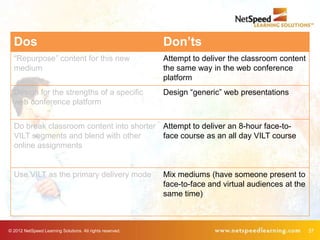 Dos                                                      Don’ts
  ―Repurpose‖ content for this new                         Attempt to deliver the classroom content
  medium                                                   the same way in the web conference
                                                           platform
  Design for the strengths of a specific                   Design ―generic‖ web presentations
  web conference platform


  Do break classroom content into shorter Attempt to deliver an 8-hour face-to-
  VILT segments and blend with other      face course as an all day VILT course
  online assignments


  Use VILT as the primary delivery mode                    Mix mediums (have someone present to
                                                           face-to-face and virtual audiences at the
                                                           same time)



© 2012 NetSpeed Learning Solutions. All rights reserved.                                               37
 