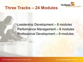 Three Tracks – 24 Modules


                             Leadership Development – 8 modules
                             Performance Management – 8 modules
                             Professional Development – 8 modules




© 2012 NetSpeed Learning Solutions. All rights reserved.            44
 