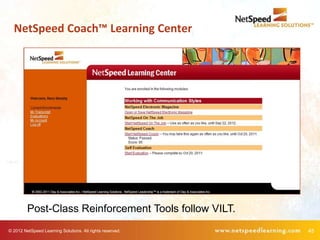 NetSpeed Coach™ Learning Center




         Post-Class Reinforcement Tools follow VILT.
© 2012 NetSpeed Learning Solutions. All rights reserved.   45
 
