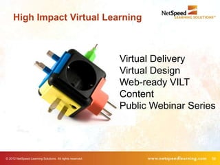 High Impact Virtual Learning



                                                           Virtual Delivery
                                                           Virtual Design
                                                           Web-ready VILT
                                                           Content
                                                           Public Webinar Series




© 2012 NetSpeed Learning Solutions. All rights reserved.                       56
 