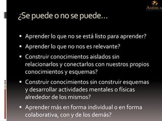 ¿Se puede o no se puede…

 Aprender lo que no se está listo para aprender?
 Aprender lo que no nos es relevante?
 Construir conocimientos aislados sin
  relacionarlos y conectarlos con nuestros propios
  conocimientos y esquemas?
 Construir conocimientos sin construir esquemas
  y desarrollar actividades mentales o físicas
  alrededor de los mismos?
 Aprender más en forma individual o en forma
  colaborativa, con y de los demás?
 