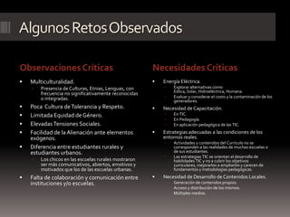 Algunos Retos Observados

Observaciones Críticas                                 Necesidades Críticas
   Multiculturalidad.                                    Energía Eléctrica.
       Presencia de Culturas, Etnias, Lenguas, con            Explorar alternativas como
                                                                Eólica, Solar, Hidroeléctrica, Humana.
        frecuencia no significativamente reconocidas
                                                               Evaluar y considerar el costo y la contaminación de los
        o integradas.                                           generadores.
   Poca Cultura de Tolerancia y Respeto.                 Necesidad de Capacitación.
   Limitada Equidad de Género.                                En TIC.
                                                               En Pedagogía.
   Elevadas Tensiones Sociales.                               En aplicación pedagógica de las TIC.
   Facilidad de la Alienación ante elementos             Estrategias adecuadas a las condiciones de los
    exógenos.                                              entornos reales.
                                                               Actividades y contenidos del Currículo no se
   Diferencia entre estudiantes rurales y                      corresponden a las realidades de muchas escuelas o
    estudiantes urbanos.                                        de sus estudiantes.
                                                               Las estrategias TIC se orientan al desarrollo de
       Los chicos en las escuelas rurales mostraron            habilidades TIC y no a cubrir los objetivos
        ser más comunicativos, abiertos, emotivos y             curriculares, mejorarlos o ampliarlos y carecen de
        motivados que los de las escuelas urbanas.              fundamentos y metodologías pedagógicas.
   Falta de colaboración y comunicación entre            Necesidad de Desarrollo de Contenidos Locales.
    instituciones y/o escuelas.                                Generación de contenidos propios.
                                                               Acceso y distribución de los mismos.
                                                               Múltiples medios.
 