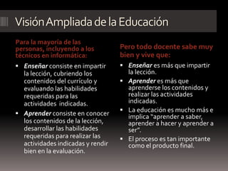 Visión Ampliada de la Educación
Para la mayoría de las
personas, incluyendo a los         Pero todo docente sabe muy
técnicos en informática:           bien y vive que:
 Enseñar consiste en impartir      Enseñar es más que impartir
  la lección, cubriendo los          la lección.
  contenidos del currículo y        Aprender es más que
  evaluando las habilidades          aprenderse los contenidos y
  requeridas para las                realizar las actividades
  actividades indicadas.             indicadas.
                                    La educación es mucho más e
 Aprender consiste en conocer       implica “aprender a saber,
  los contenidos de la lección,      aprender a hacer y aprender a
  desarrollar las habilidades        ser”.
  requeridas para realizar las      El proceso es tan importante
  actividades indicadas y rendir     como el producto final.
  bien en la evaluación.
 